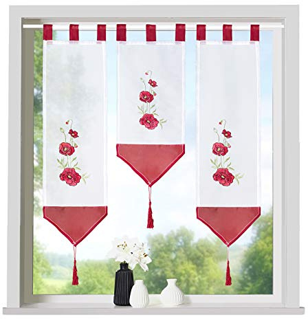heimtexland ® Scheibengardinen Set 3-teilig Lamellen Gardine Transparent Bestickt mit Schlaufen Fensterdeko Rot Mohnblumen Typ710