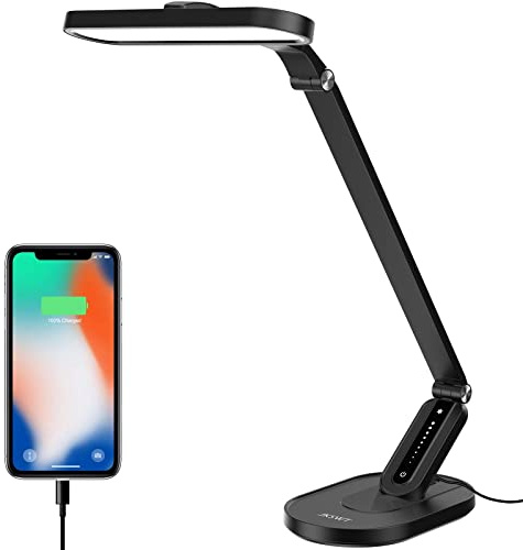 JKSWT Lampada da scrivania, cura degli occhi. Lampada da tavolo regolabile con 5 modalità di colore, 72 LED, porta di ricarica USB, controllo touch e funzione memoria. Lampada da ufficio, nera.