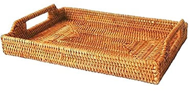 Plateau de service en rotin Tissé Tissé à la main Rectangle en osier Visage décoratif plateau plateau plateau de rangement avec poignées pour boissons de café à griller fête