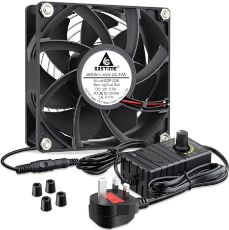 GDSTIME 120mm 12V Fan with AC 240V 220V UK Plug Server Rack Cooling Fan | DC 4V to 12V Adjustable Speed Control, Ball Bearing, High Airflow 120mm x 38mm For Computer Workstation Welder Chassis PSU