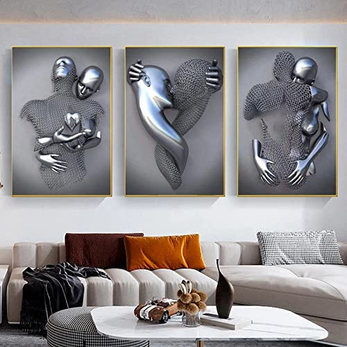 3D Liebe Herz Grau Metall Figur Statue Malerei auf Leinwand Kunst Poster und Drucke Wandbilder für Wohnzimmer Heimtextilien,Rahmen,50 * 70 * 3Stk