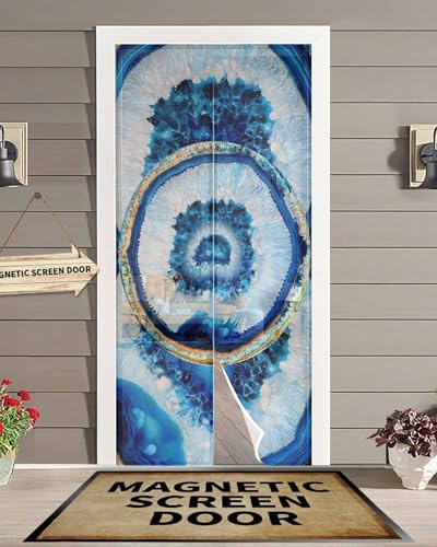 Magnetic Screen Door For Sliding/Single/French Doors, Blue Agate Self Sealing Magnets Patio Door Screen Heavy Duty Mesh Curtain Vintage Geode-Decor Marble Ombre Cavity Rock Lined With Crystals