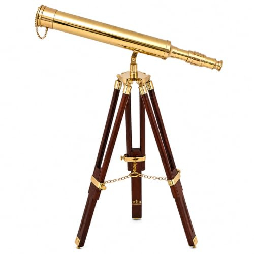 Télescope nautique en laiton doré avec trépied réglable en bois