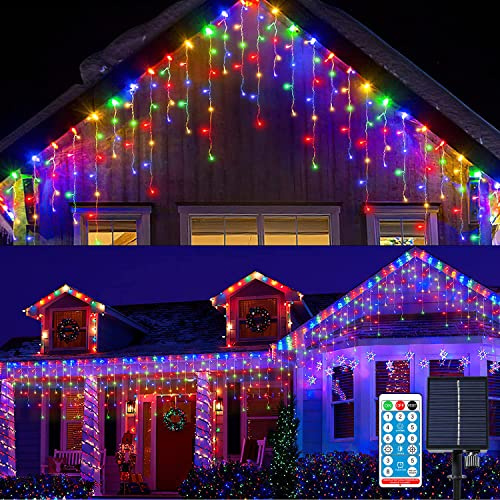 KINGCOO Solar Lichtervorhang Außen, Wasserdicht 3M 128LED Eisregen Vorhang Solar Lichterketten Fernbedienung 8Modi Innen Weihnachtsbeleuchtung für Garten Balkon Hochzeit Wanddekorationen(Mehrfarbig)