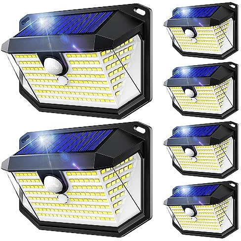 Seklin - Lot de 6 lampes solaires extérieures avec détecteur de mouvement - 178 LED - Étanche IP65 - Noir - Pour extérieur, jardin, cour, garage, porte d'entrée
