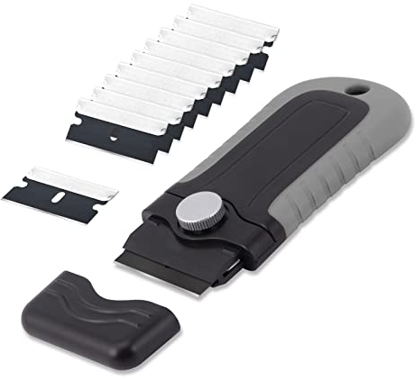 Gomake Locking Razor Blade Scraper with Safety Cap, Glass Cooktop Scraper with 10PCS Black Carbon Steel Blades for Glass Clean, Paint and Old Label,Decal Sticker Remover, Stove Top Scraper Tool