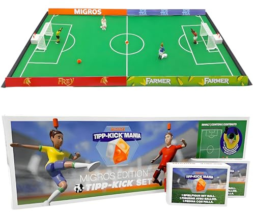 TIPP-Kick Mania Futbolín listo para jugar con 2 jugadores, 2 guardianes, 2 puertas de plástico, 2 bolas, 4 bandas, 1 campo de juego de fieltro, futbolín de mesa mide 80 x 47 cm