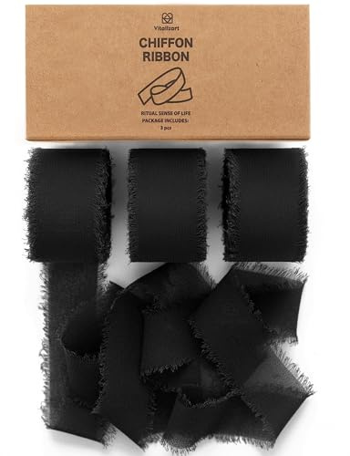 Vitalizart Schwarzes Schleifenband 2,5 cm x 19,2 m für Dekoration | Geschenkband Chiffonband Stoff 6,4 m x 3 Rollen für Hochzeitseinladung, Brautstrauß, Geschenkverpackung