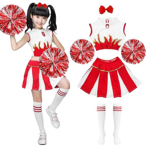 Cheerleader Kostüm Kinder,Kinderkostüm Cheerleader,Cheerleadering Outfit Mädchen mit Pompons Socken Haarzubehör,Mädchen Cheerleader Kostüm,Kinder Cheerleading Outfit Karneval Halloween Rollenspiele