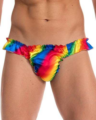 Satini Men's Satin Ruffle Low Rise Thong, Rainbow, L
