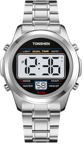 TONSHEN Fashion Hombre Acero Inoxidable LED Electrónica Digital Relojes Multifuncional Fecha Alarma Cronómetro Doble Tiempo Reloj de Pulsera (Plateado)