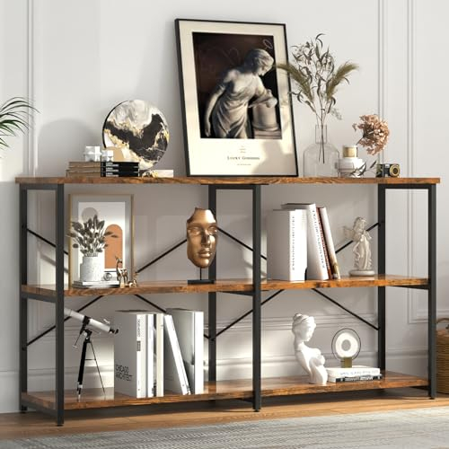 HZE Konsolentisch, Großer Konsolentisch Holz, 3 Ebenen Braunes Bücherregal, Rustikaler 140X34X76.5 cm Hoch Bücherregal, Sofarücken Beistelltisch,Regal im Wohnzimmer,Industrieller Sofatisch