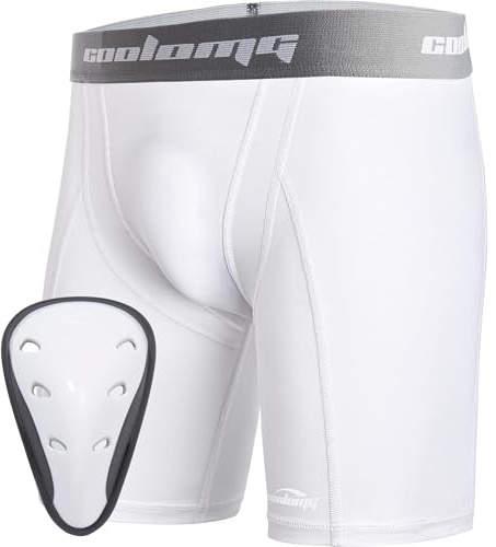 COOLOMG Herren Tiefschutz Suspensorium Kompressionshose Unterwäsche mit Cup für Kampfsport Handball Football Taekwondo weiß XL