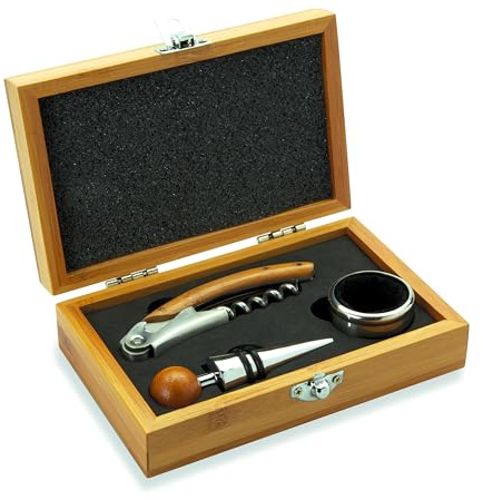 Set à vin 3 pièces avec couteau de sommelier, tire-bouchon, bouchon de bouteille et anneau anti-goutte dans une boîte cadeau en bois