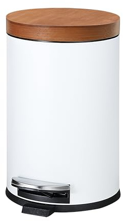 SunnyPoint Elite Bamboo Lid 4.5 Liter (1.2 Gallon) Round Trash Can with Plastic Inner Bucket; Bathroom, Office, Kitchen and Bedroom Step On and Slow Close (White)