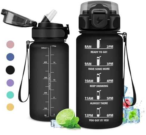 KollyKolla Trinkflasche mit Zeitmarkierung, 500 ml, Kunststoff, Zylindrisch, Wiederverwendbar, geeignet für Fahrrad, Sport, Schule, Mädchen