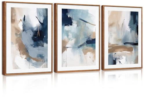 CHDITB Abstract Framed Canvas Wall Art,Blue and Brown Art Painting,Neutral Brush Strokes Artwork,Blue Abstract Poster Set,Modern Painting for Living Room,Bedroom,Office 30 x 40cm x 3pcs