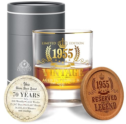 CROWNLY CRYSTAL® 1955 Regalo Uomo 70 Anni Bicchieri Da Rum e Whisky Personalizzati - Decorazioni e Idee Regalo Originali Per Papà