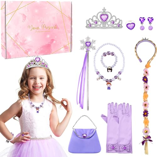 COYBTO Prinzessin Kostüme Zubehör Set, Kinder Schmuckset Mädchen, Prinzessin Dress up Zubehör mit Perücke Halskette Armband Handtasche, Geschenke für MädchenGeburtstag Kostüm