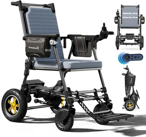 Bueuwe Kohlefaser Elektrorollstuhl, 14,5 kg leicht, 150 kg Tragkraft, 400W Motor, faltbar, stabil, mit Fernbedienung & Stoßdämpfung – Ideal für Senioren & mobilitätseingeschränkte Persone,51cm