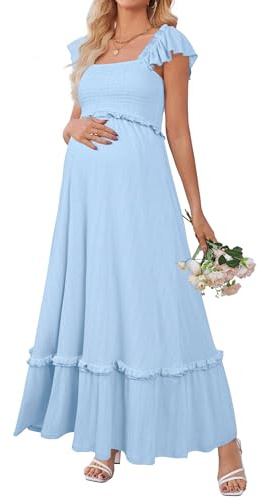 OUGES Womens 2025 Summer Maternity Baby Shower Dress Casual Boho Maxi Smocked Maternity Photoshoot Dresses Ruffle Sleeve Square Neck Gender Reveal Dress Pregnancy Must Have Clothes (Sky Blue,S)