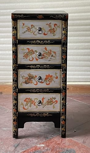 Kunibert Antike chinesische Kommode Tibet Anrichte Asia Sideboard Chinakommode mit 4 Schubladen Breite38xHöhe88cm Farbe: schwarz mit Silber