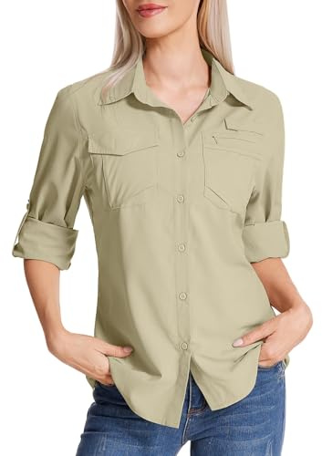 Faysfad Women's Safari Shirt UPF 50 UV Sun Protection Quick Dry Shirts Long Sleeve Hiking Walking Fishing Outdoor Travel(5081,Khaki,L)