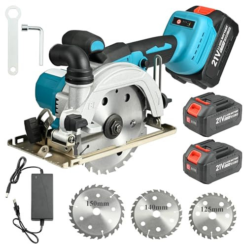QIUMIN Kabellose Akku-Handkreissäge, Bürstenlose Mini-Kreissäge mit 2x 4000mAh Akkus, 48mm Schnitttiefe, 0-45° Gehrungsschnitt, inkl. 3 Sägeblätter (125mm/140mm/150mm)