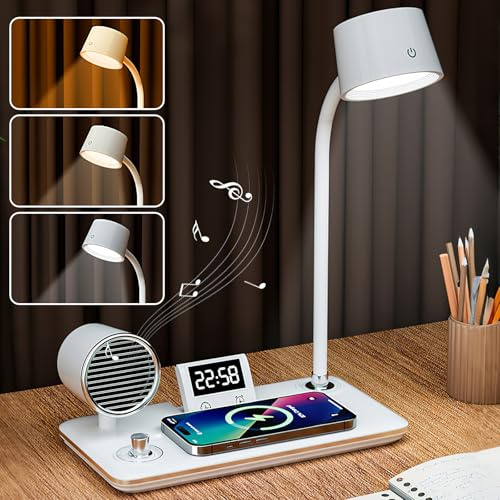 LTXDJ Desk Lamp with Wireless Charging, Dimmable Bluetooth Speaker | Touch Contro LED Reading Lam with Alarm Clock, Study Lamps Table Lights for Studying Working and Relaxing