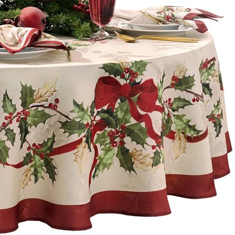 Elrene Home Fashions Villeroy & Boch Tovaglia natalizia con fiocchi e ghirlande, rotonda, 177,8 x 177,8 cm
