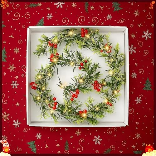 CAUTIOUS Weihnachtsgirlande mit Beleuchtung, 1.8m Weihnachtsgirlande,Girlande Weihnachten mit Roten Beeren, 35 LED Lichter mit zwei Beleuchtungsmodi, weihnachtsgirlande außen für Adventskranz Deko, We