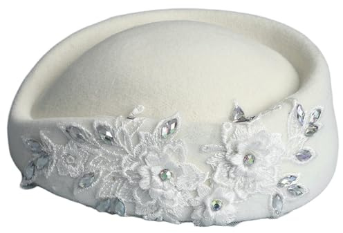 Msemis Pillerbox för kvinnor, kyrka, derbyhatt, bröllop, vintage, fascinator, basker, mössa med blomma, spets, applikation, hatt, Vit, one size