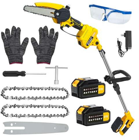 Tronconneuse a Batterie à Perche Sans Fil 2 en 1, Tronconneuse Electrique de 6 Pouces avec 2 Batteries de 1,5 Ah, Elagueuse sur Perche à Portée Maximale de 5,9 Pieds pour l'Élagage des Arbres (Jaune)