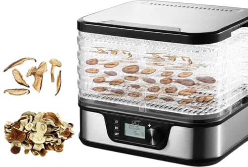LTC 380W - Essiccatore alimentare elettrico con display LED e timer 24 ore 5 vassoi lavabili termostato 35-75°C per funghi frutta verdura erbe carni design robusto metallo nero