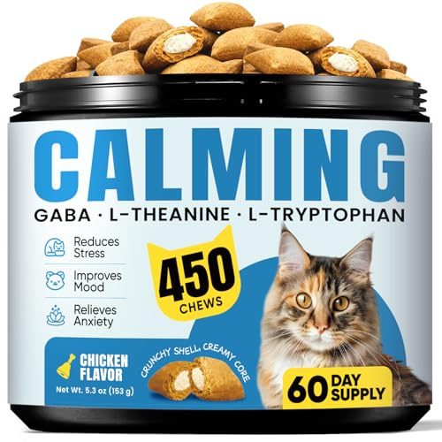 Calming Cat Treats with GABA for Anxiety Relief - Calming Cat Chews Help Reduce Stress & Promote Relaxation, Melatonin for Cats for Grooming, Travel, Vet Visits & Separation Anxiety - Chicken Flavor