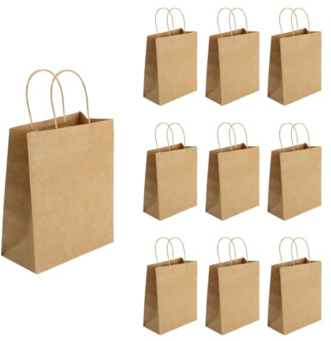 Papiertüten mit Henkel 10 Stück Kraftpapier Tüten, 21x11x27cm aus Kraftpapier braune Geschenk Tüten für Einkauf Party Verpackung Umweltfreundliche Papiertragetaschen für Geschenk Einzelhandel