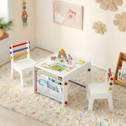 DOREROOM Kids Table and Chair Set 4-in-1 with Storage, Wooden Activity Table for Crafts, Arts, Drawing, Reading, Toddler Furniture for Playroom, Nursery, Gift for Boys & Girls (Age 3+)