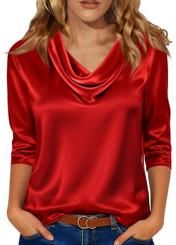 Blusas de satén para mujer, manga 3/4, de seda, cuello en V, camisas de vestir, estilo casual, holgadas, para negocios, trabajo, oficina