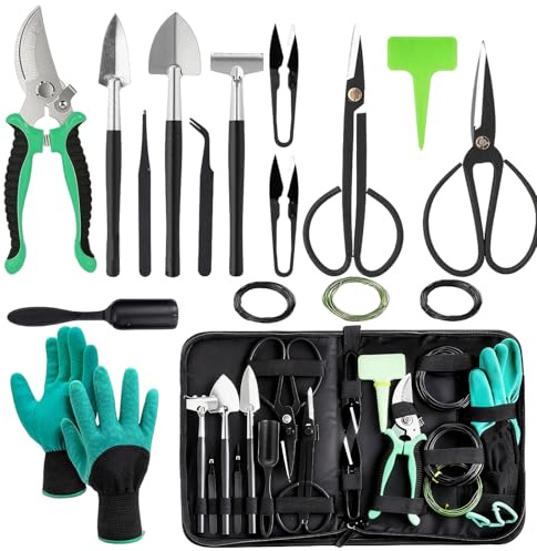 Gartenwerkzeug Set, Bonsai Werkzeug, 24-Teiliges Gartengeräte Set, Bonsai Schere,Bonsai Draht,Pinzette,Gartenhandschuhe, Mini Pflanzen Werkzeug Set, Bonsai Starter Werkzeuge Set für Bonsai Einsteiger