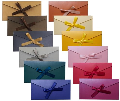 12 Stück Briefumschläge Kraftpapier Bunt,Briefumschläge Bunt mit Bändern,Farbige Umschläge mit Band, Geschenkumschlag ohne Fenster für handgefertigte Einladungen,Hochzeits-oder Festival-Karten