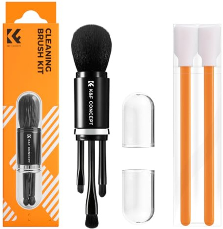 K&F CONCEPT Kit Limpieza Cámara Multifunción, Negro | Cepillo Doble Cabeza 4 en 1 + 2 Bastoncillos, Cerdas Finas y Suaves, Cámara, PC, Teclados, MK11