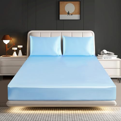 BOSKI LONDON Luxury Satin Fitted Sheet Set with Pillowcases | Deep Fitted Satin Sheet 40cm | Soft Silk Like Bedsheets Single Double King | Wrinkle Free Bedding Set (SKY-BLUE, SINGLE)
