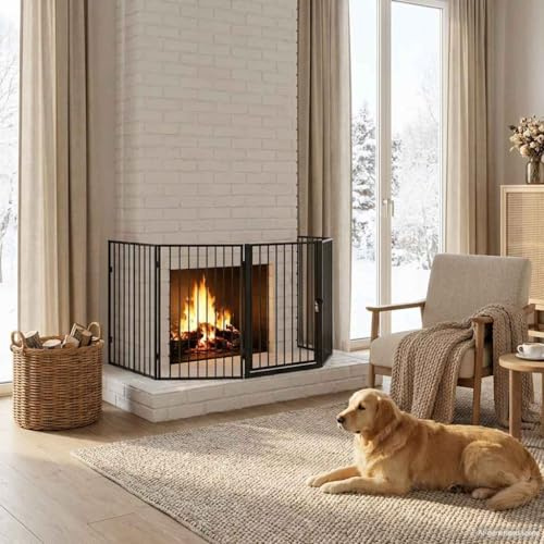 LoogCape Rejilla protectora para chimenea para mascotas, de acero negro, 123 x 123 x 76 cm, con puerta, barrera resistente al calor para chimenea, estufa, estufa de leña, perro gato, plegable