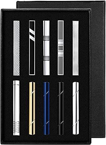 KALVICA Set 10 Pezzi Fermacravatta per Uomo con Confezione Regalo - Clip in Rame per Cravatta, Nozze, Attività Commerciale - Nero, Argento, Oro, Blu