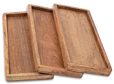 Samhita Mango Wood Serving Platter with Raised Edge -Set of 3 for Display Fruit Snacks Appetizer Sushi Food Decorative (30.48cm x 12.7cm x 1.90cm)