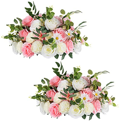 NUPTIO Bouquet Boules Fleurs - 2 Pièces 45cm Diamètre Fleurs Artificielles Roses et Blanches Boules Roses pour Centres Tables - Grande Fausse Fleur Soie pour Décorations Centre de Table de Mariage