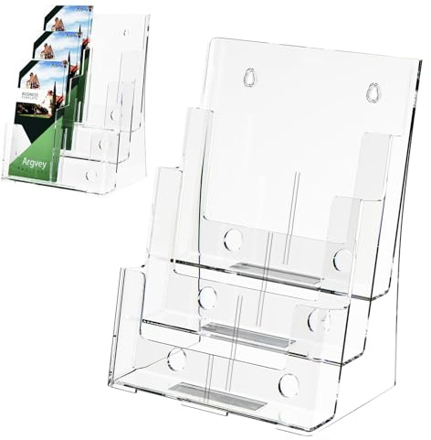 Argvey Acrylic Brochure Holder 8.5 x 11 inches, 3 Tier Clear Literature Holder with Removable Divider for Trifold 4 Inches Wide Pamphlet, Plastic Flyer Display Stand for Magazine, Document, Booklet