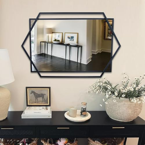Autdot Black Bathroom Mirror, 20x32 Decorative Mirror for Living Room with Hexagon and Rectangular Metal Frame, Entryway Mirror for Wall Decor, Vertical or Horizontal Hanging