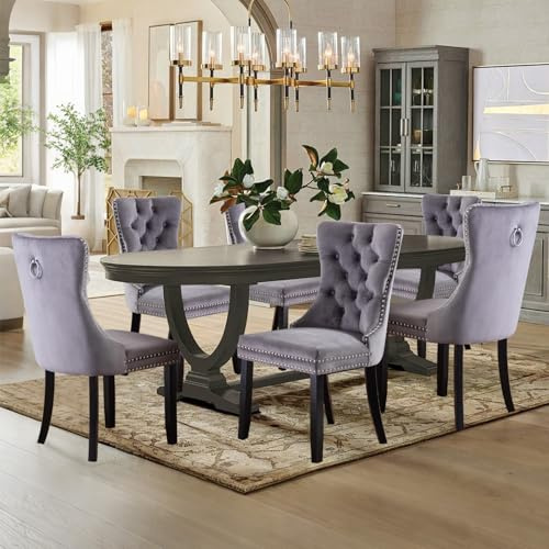SoarTalent Lot de 6 chaises de Salle à Manger rembourrées en Velours de Style Moderne avec Garniture en tête de Clou et Pieds en Bois, Anneau de Traction en métal pour Salle à Manger, Salon (Gris)