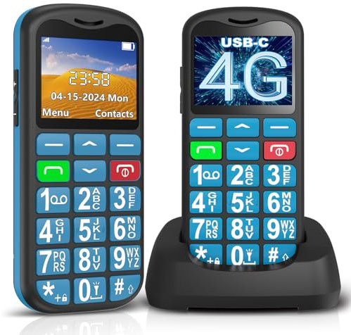 ukuu Téléphone portable 4G pour personnes âgées - Sans contrat - Longue durée de veille - Grandes touches - Avec station de charge - Écran couleur 1,8 - Double SIM - Bouton d'appel d'urgence - Bleu